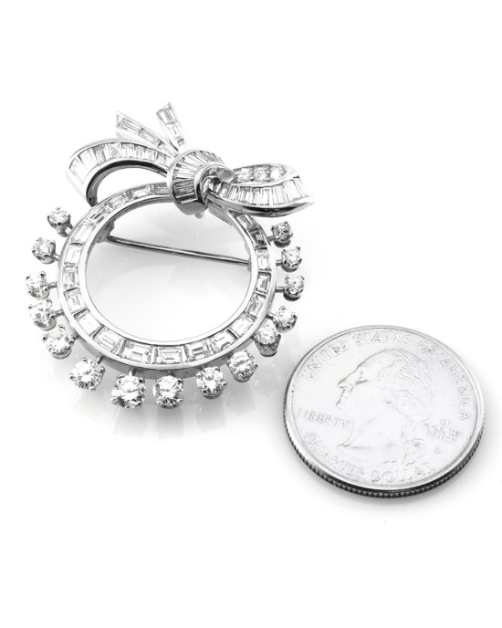 Mid-Century Diamond Wreath and Bow Brooch In Platinum